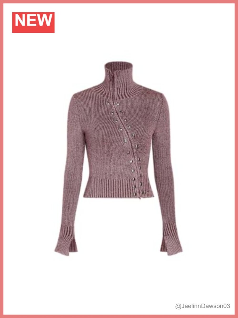 Rivet Zipper Cropped Cardigan Turtleneck Sweater High Stretch Knit